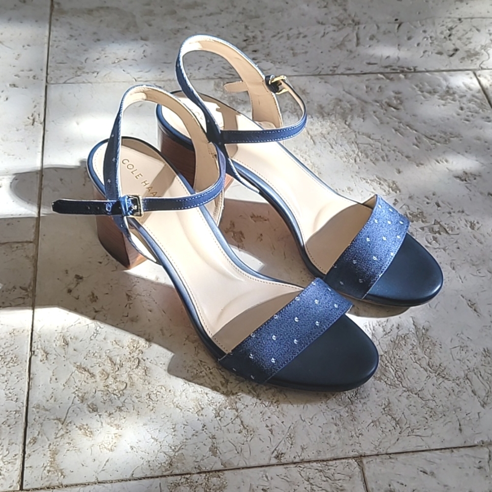 Cole Haan Josie Block Heel Sandals Polka Dot Chambray Blue Denim Size 8.5
